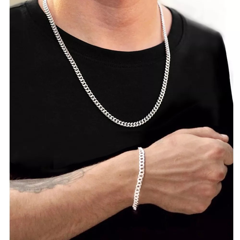 Kit Conjunto Corrente + pulseira cordão Masculino 60cm 1×1 Aço Inox Prateado em Oferta na Shopee
