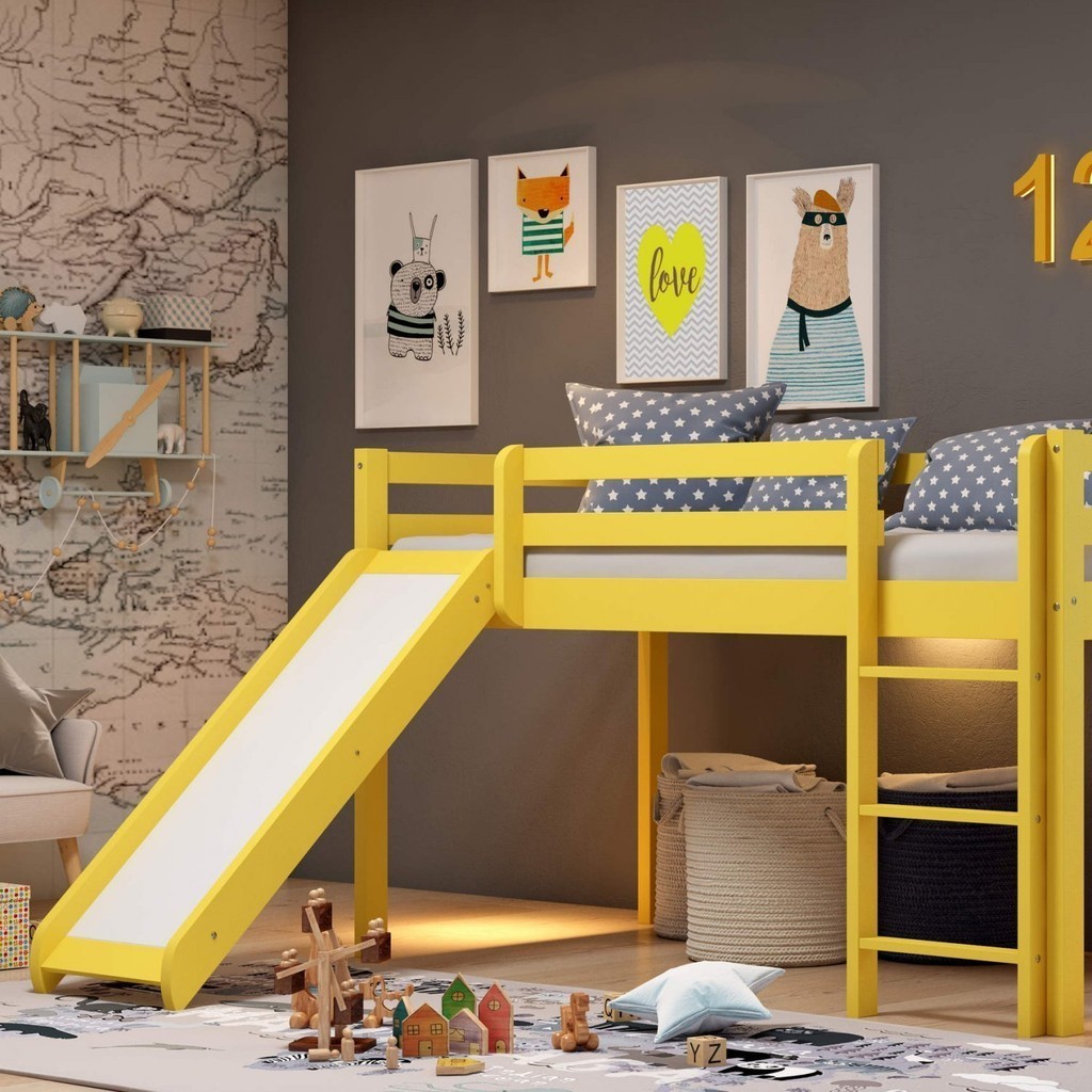 Cama Alta Infantil com Escorregador em Madeira Maciça/MDF Amarelo em Oferta na Shopee