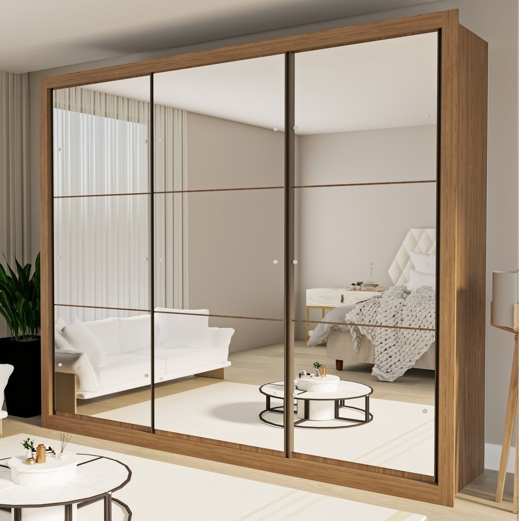 Guarda Roupa Casal Premium Ravena 242cm com Espelho 3 Portas 6 Gavetas Espresso Móveis       Carvalho - Mom & Baby