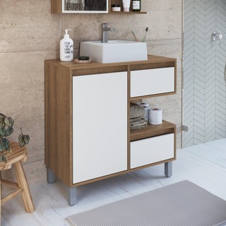Gabinete para Banheiro Com Cuba Branca 80cm 2 Gavetas 1 Porta 1 Nicho Paula Mel/Arenas em Oferta na Shopee