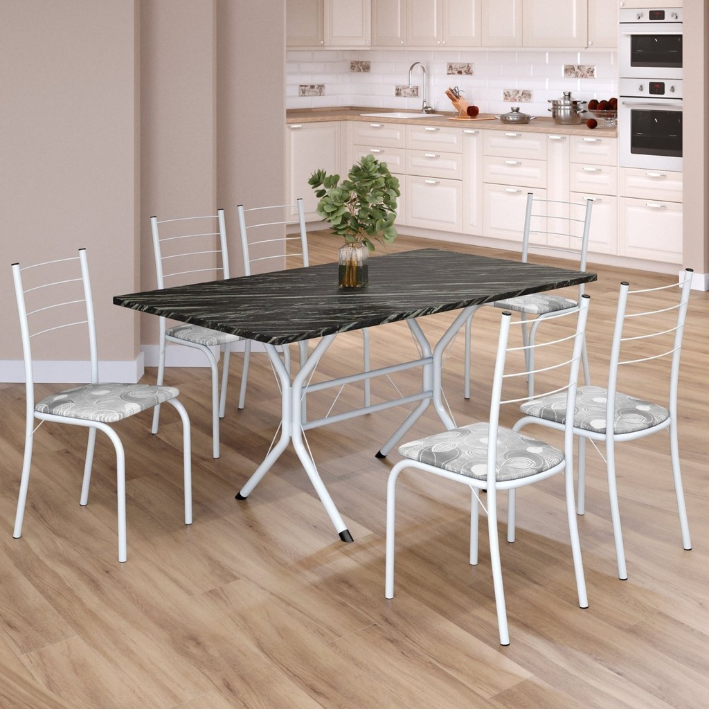 Conjunto Sala de Jantar Mesa Retangular 140x75cm Tampo Madeira Mdp Indiana 6 Cadeiras Rio Paraopeba/Branco