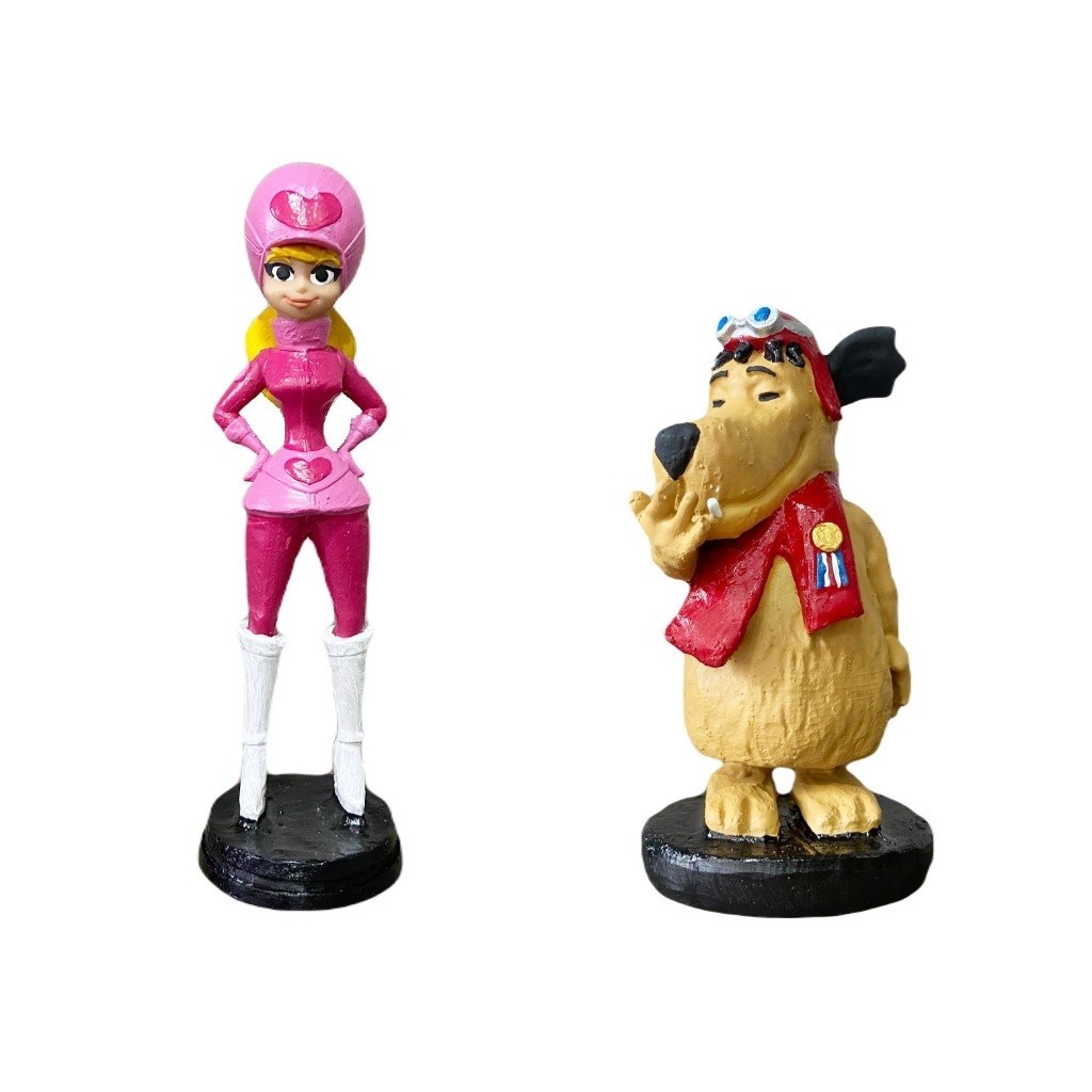 Kit Bonecos Penélope Charmosa E Muttley Corrida Maluca Boneco Em Resina Estatua 20cm