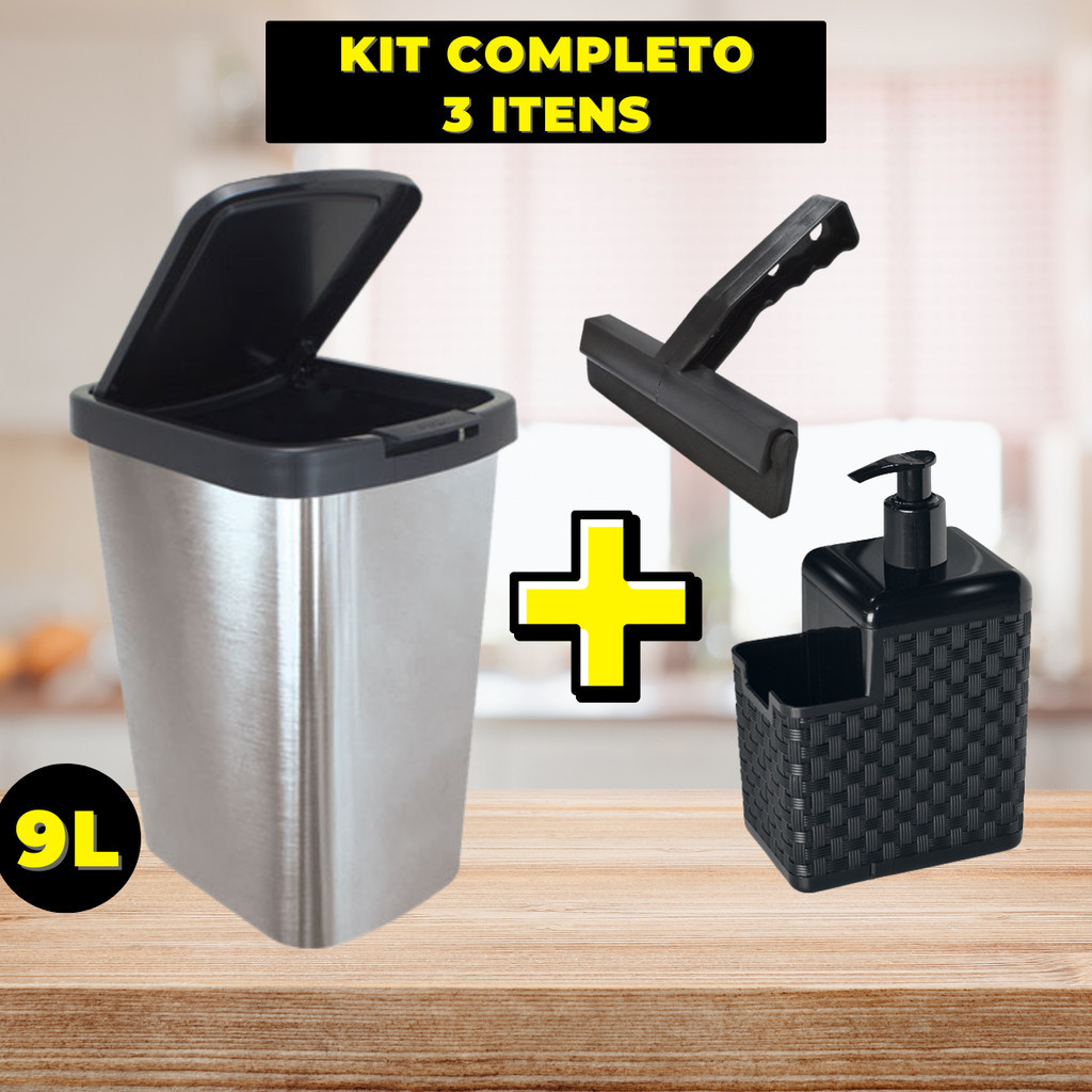 KIT Lixeira Rattan 9L com Tampa + Porta Detergente + Rodinho de pia Kit com 3 peças