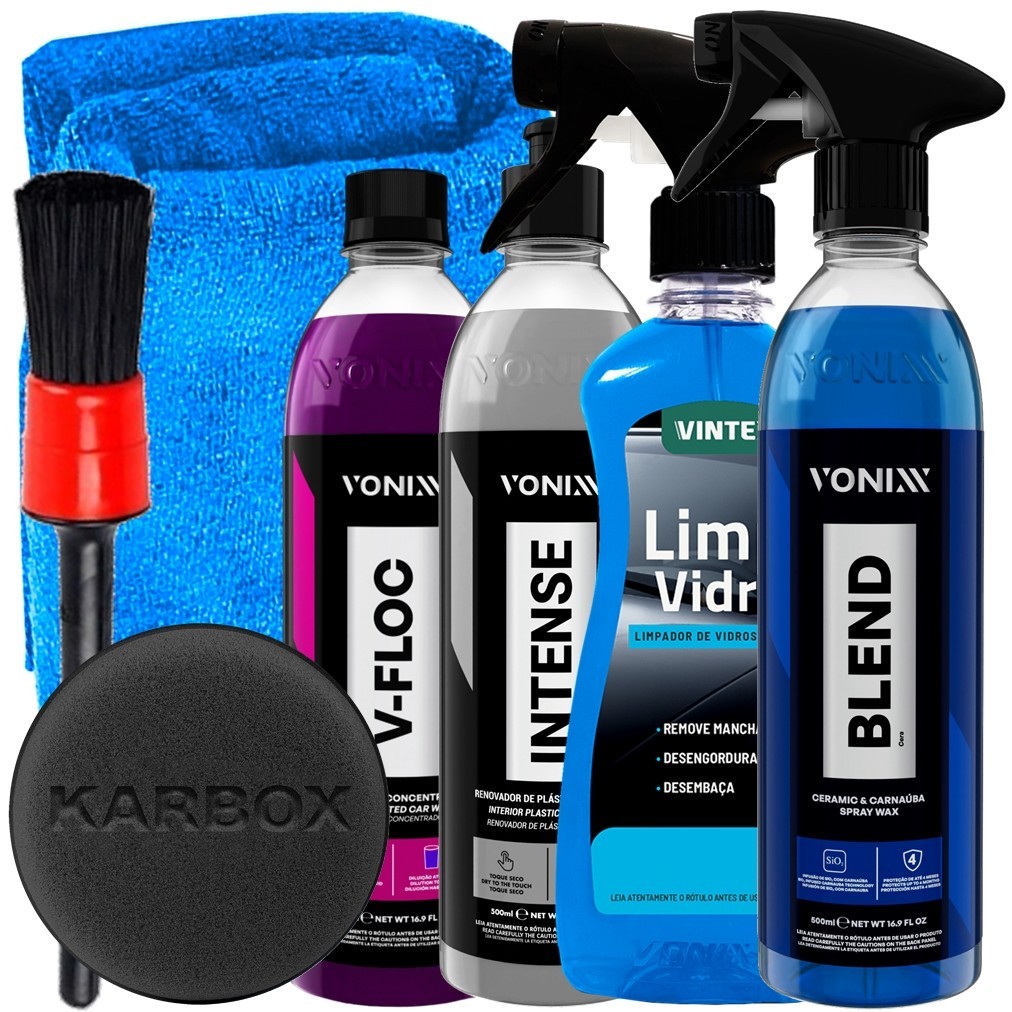 Kit Cera Blend Shampoo Vonixx V-Floc Limpa Vidros Revitalizador de Plásticos Intense Pincel Aplicador e Toalha