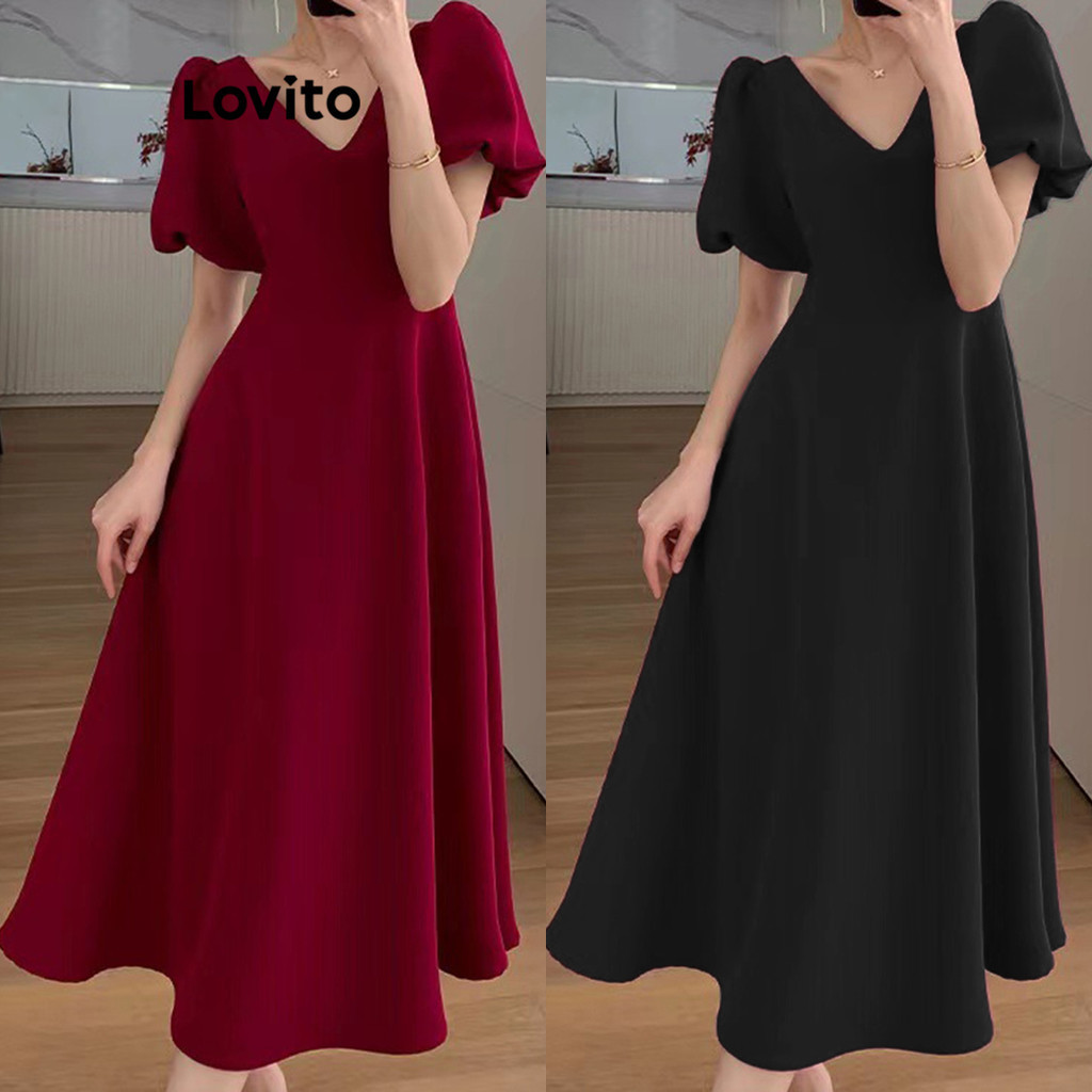 Lovito Vestido Midi Casual Elegante de Manga Curta com Decote em V para Mulheres LNE09088 (Multicolorido)