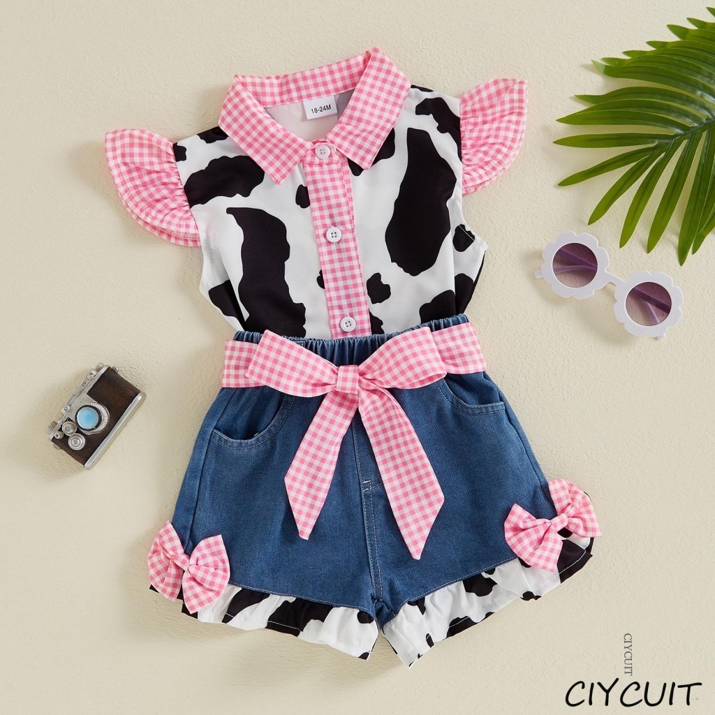CIYCUIT-1-6 Anos Kid Girl 2Pcs Roupas De Verão Manga De Mosca Vaca Botão De Impressão Camisa + Calção Denim Conjunto De Bebê