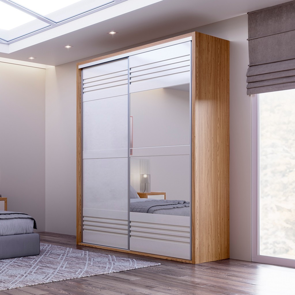 Guarda-Roupa 2 Portas de Correr 2 Gavetas Espelhado Ripado em Oferta na Shopee