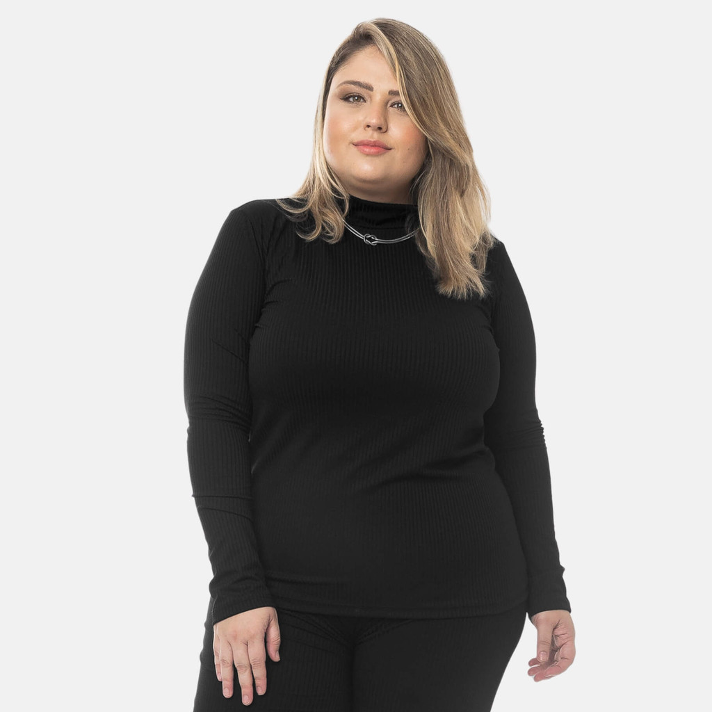Blusa Plus Size Feminina Cacharrel de Inverno Gola Alta Canelada 1209-C1