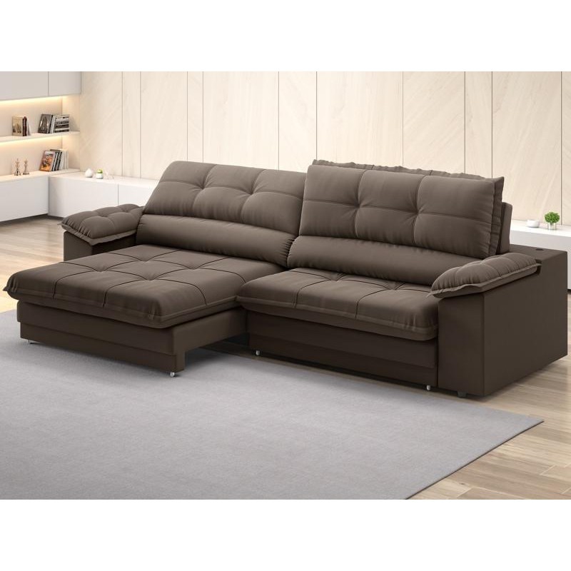 Sofá com Carregador USB Retrátil Reclinável Montreal 2,90m Velosuede Marrom - NETSOFAS em Oferta na Shopee