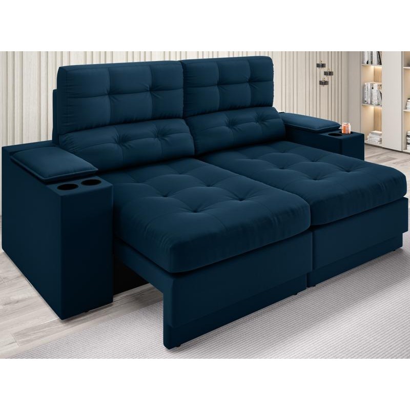 Imagem Sofá com Porta Copos e Carregador USB Eureka 1,70m Assento Retrátil e Reclinável Velosuede Petróleo - NETSOFAS