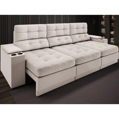 Sofá com Porta Copos e Carregador USB Eureka 2,30m Assento Retrátil e Reclinável Velosuede Areia - NETSOFAS