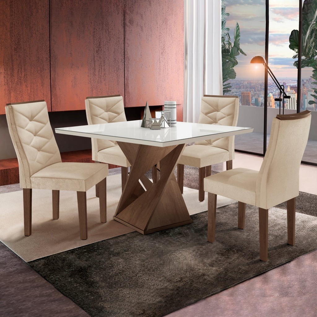 Conjunto Mesa Quadrada com Vidro e 4 Cadeiras 100cmx100cm Barcelona Yescasa Chocolate/Off White/Suede Pena em Oferta na Shopee