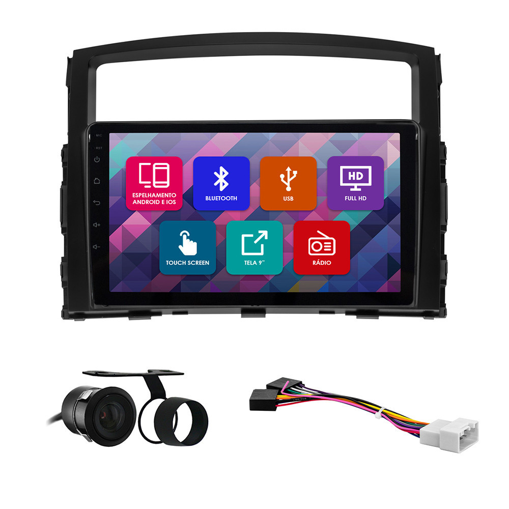 Kit Multimídia 9 Pol Pajero Full 2010 2011 2012 2013 2014 2015 2016 2017 Espelhamento Android Ios 2 Din Preto Camera Ré