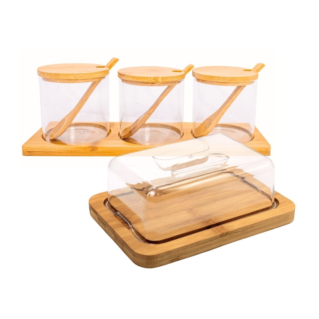 Kit De 3 Potes Com Colher Bambu E Suporte + Manteigueira Acrílica Base Bambu