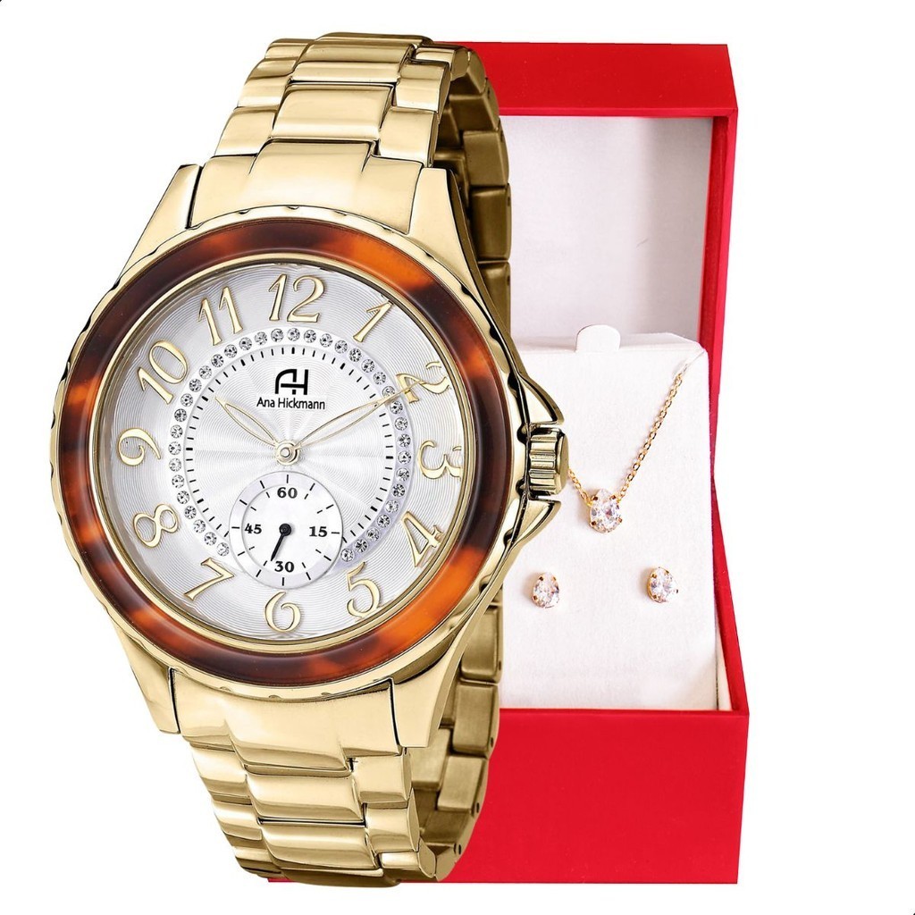 Relógio Champion Ana Hickmann Analógico Prova D'Água Original Aço Dourado + Colar e Brincos AH28679M - Watches