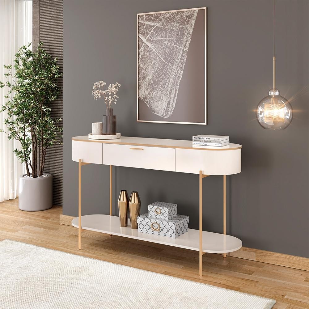Aparador Decorativo Amanda 1 Gaveta e 1 Prateleira Pés Metálicos Dourados Off White G18 - Gran Belo - Home & Living