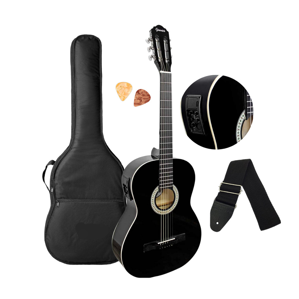 Violão Elétrico Aço Giannini Start Preto Brilhante Afinador embutido Formato Classico S-14 EQ BK + Acessórios