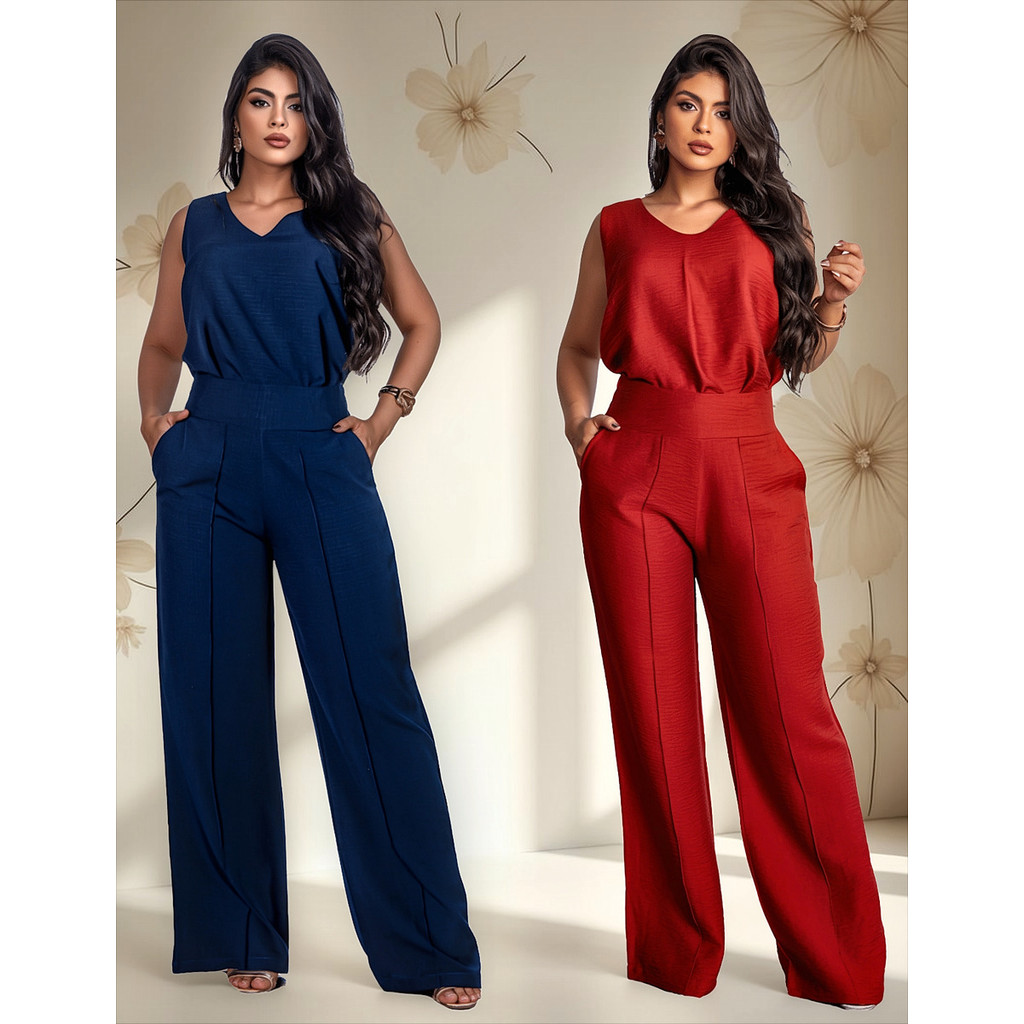 Kit 2 Conjunto Feminino Social Alfaiataria Calça Pantalona Wide Leg Blusinha Regata