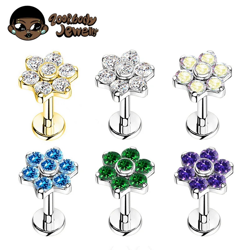 Piercing Labret Titânio Flor Zircônia | Helix, Tragus, Conch, Nariz, Boca-Medusa em Oferta na Shopee