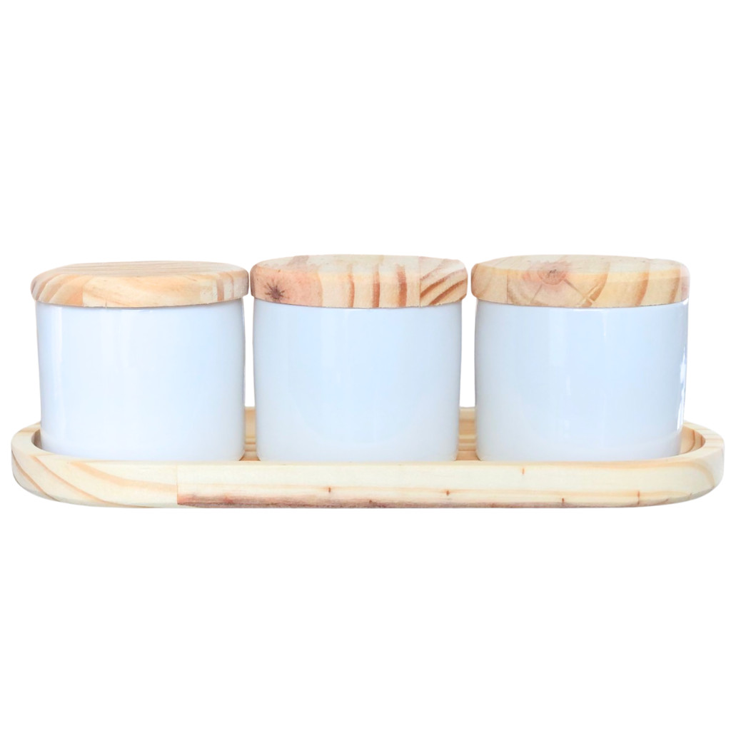 Kit Porta Treco / Condimentos / Mantimentos 200ml - 4 pçs - Potes Porcelana Bandeja e Tampa Pinus