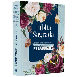 Bíblia Sagrada | ARC | Harpa Avivada e Corinhos | Jumbo | Capa Dura Azul com Flores em Oferta na Shopee