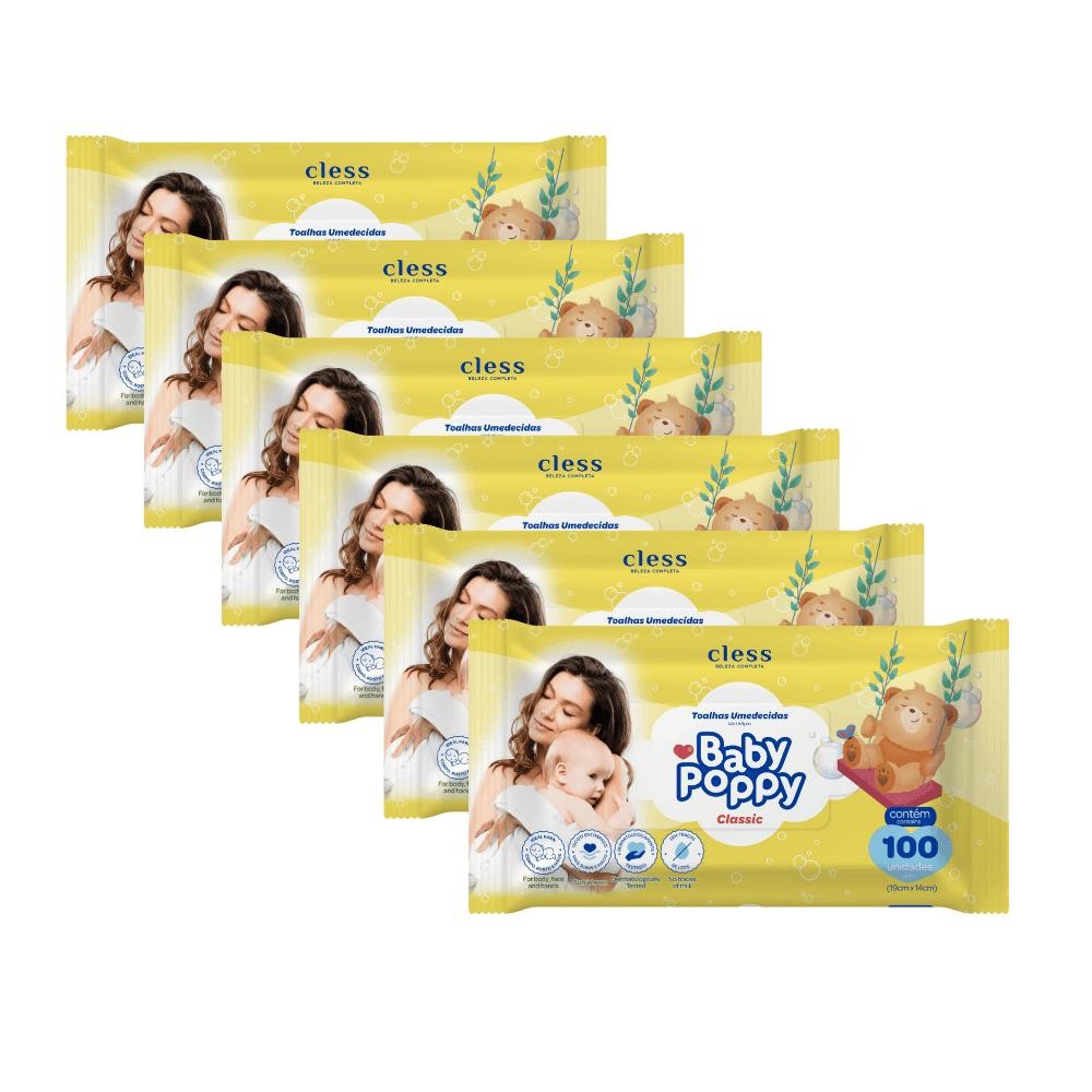 Kit Lenço Umedecido Baby Poppy Classic 600 lenços (6x100) em Oferta na Shopee