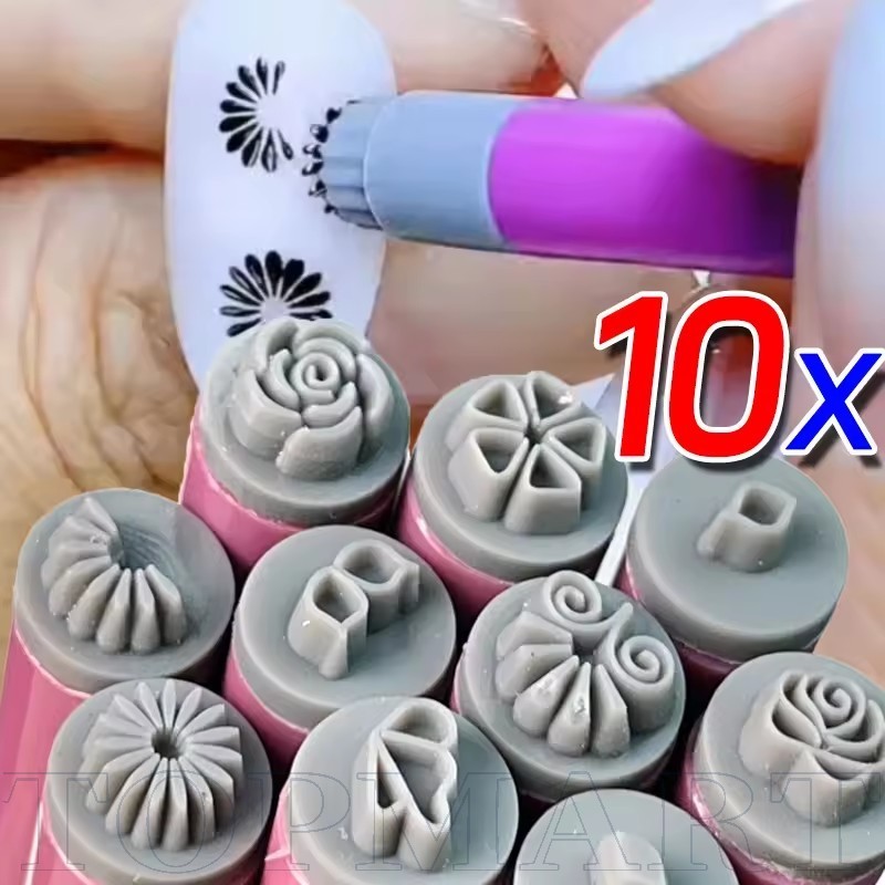 Conjunto De Carimbo De Unha De Silicone Com 10 Designs-Kit De Ferramentas De Manicure De Alta Precisão Caneta Flexível ,