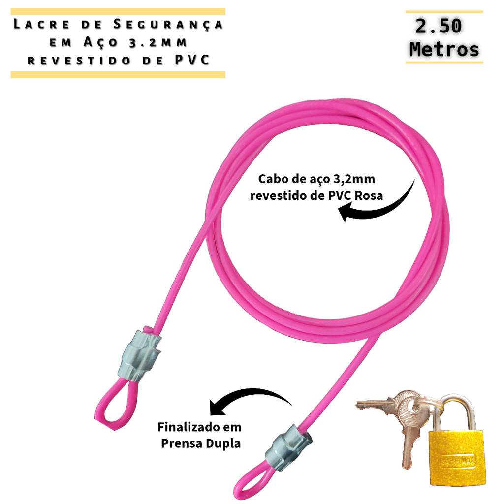 1 Lacre Segurança Multiuso 2,50 Metros ROSA + Cadeado 20mm Bag Malas Bike GoPro Capacetge Bolsa Security Collor