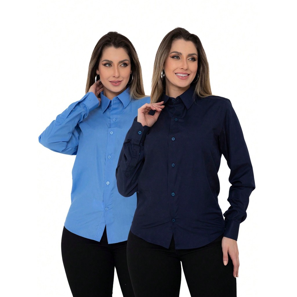 KIT Feminino 2 Peças - Camisa Social Manga Longa Slim Lisa Azul Marinho e Camisa Social Manga Longa Slim Lisa Azul