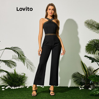 Lovito Elegante Macacão Feminino Liso com Costura Contrastante e Cintura Elástica LBL09025