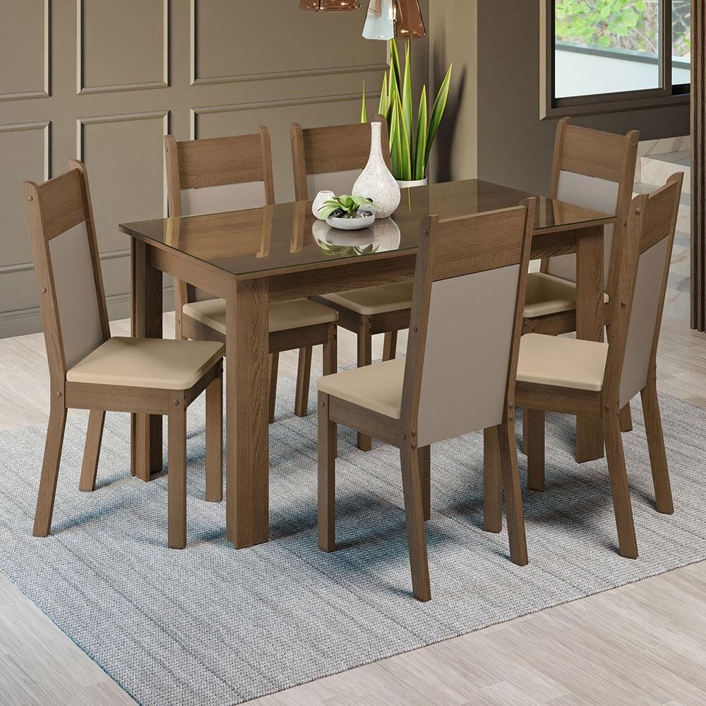 Conjunto Sala de Jantar Mesa Tampo de Vidro 6 Cadeiras Rustic/Crema/Bege Zoe Madesa em Oferta na Shopee