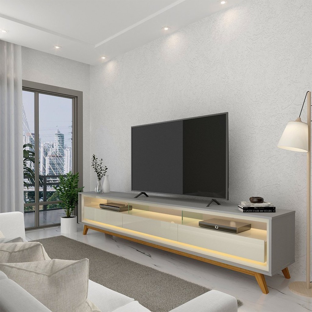 Rack para TV até 85 Polegadas com LED e Pés Madeira Maciça 211,4cm 100% MDF Requinte Cinza/Off White - Home & Living