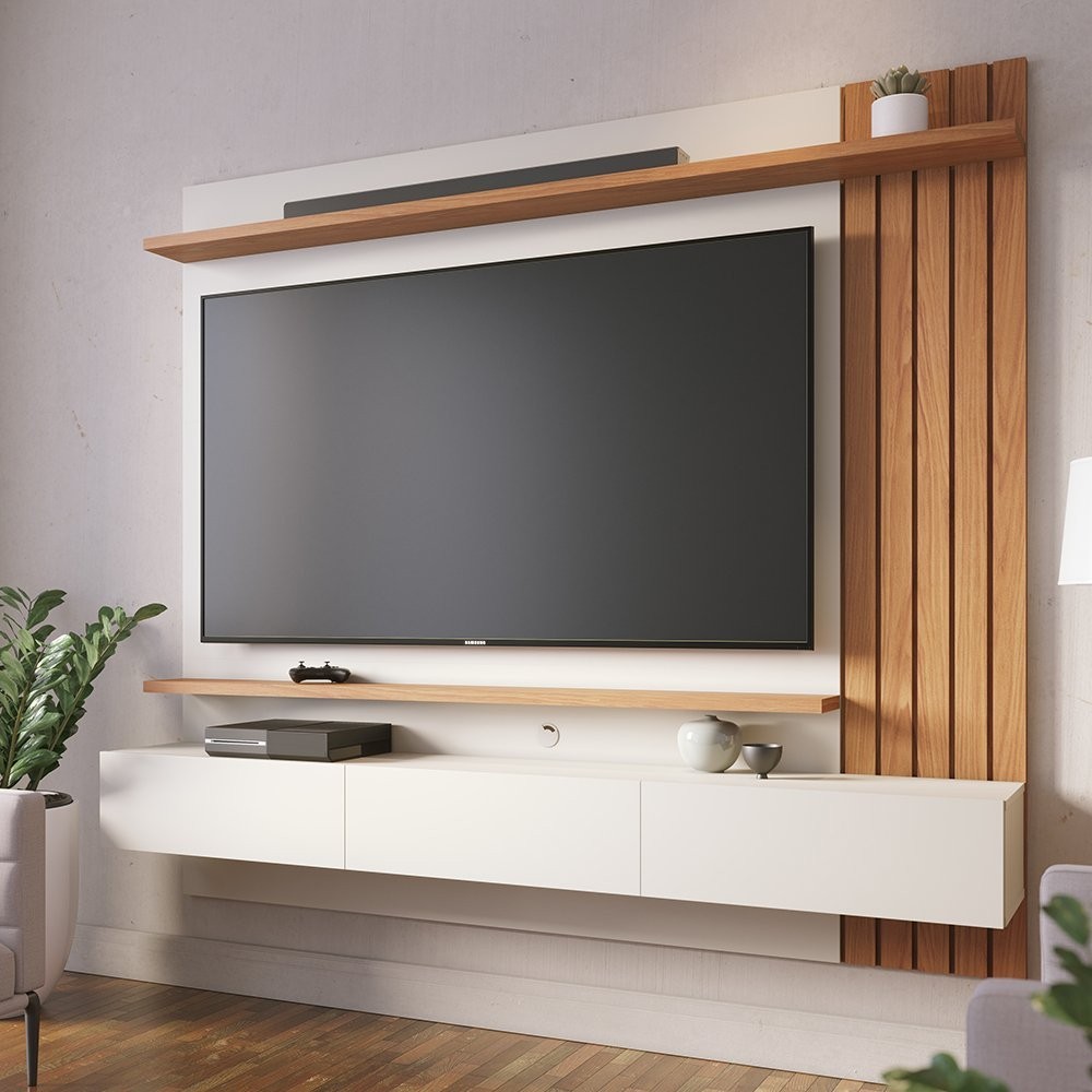 Painel para Tv até 70 Polegadas 3 Portas Basculantes 2 Prateleiras Juriti Off White Matte/Freijó - Home & Living