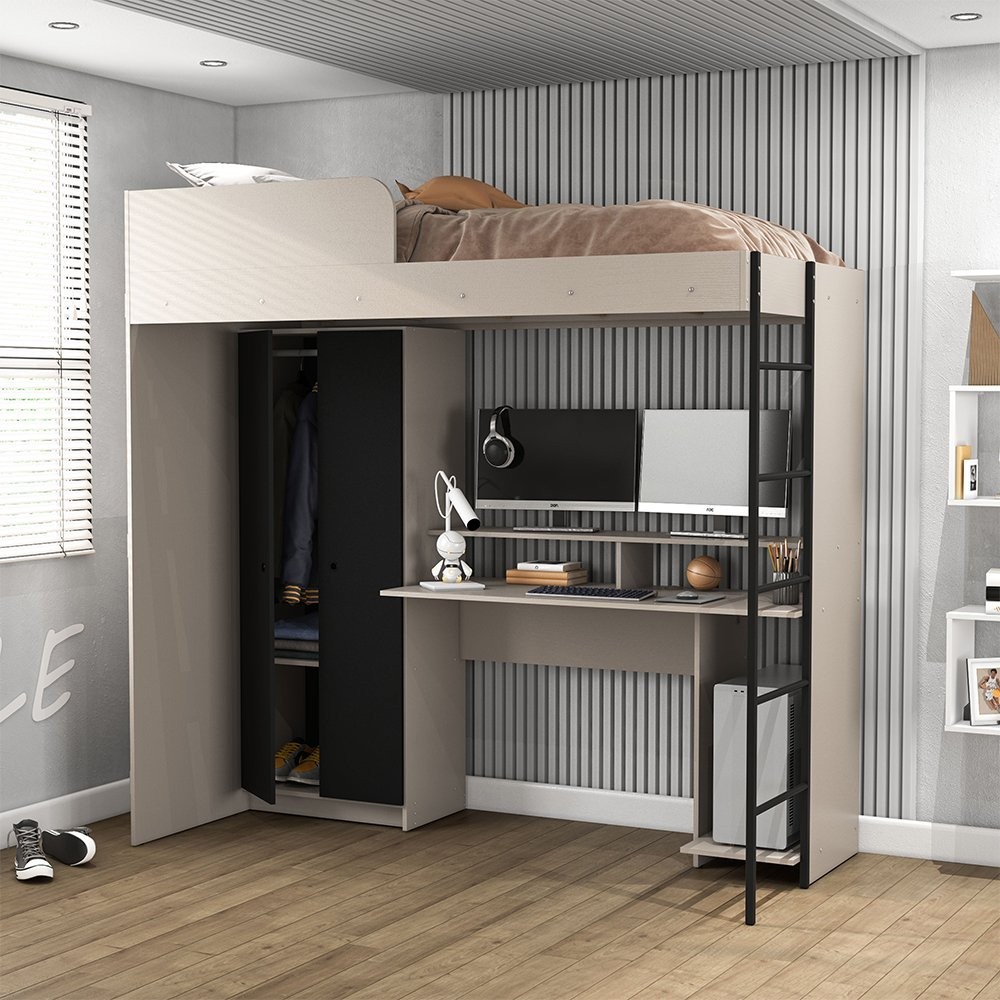 Cama Suspensa Multifuncional com Mesa Gamer 2 Portas Konza  Cinza - Home & Living