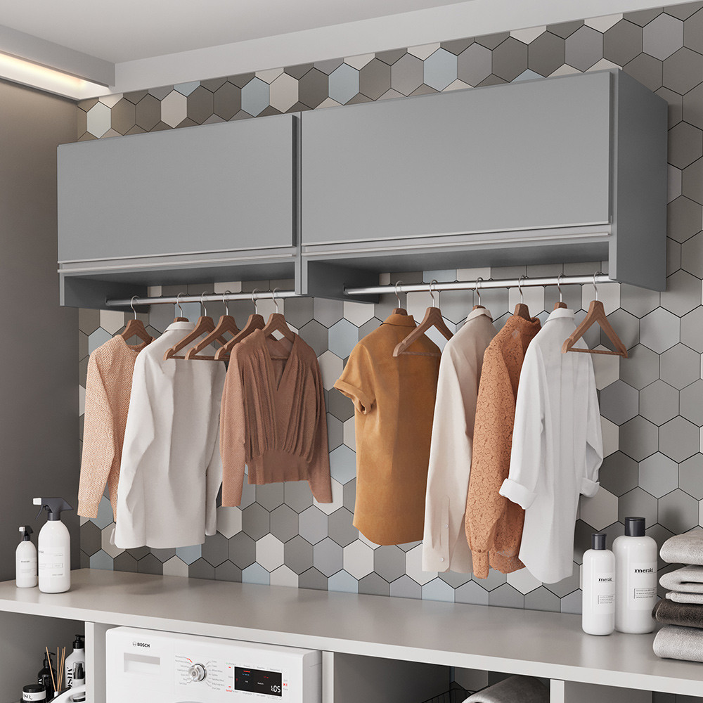 Kit 02 Armários Multiuso Aéreo Cabideiro Grécia L03 Cinza - Lyam em Oferta na Shopee