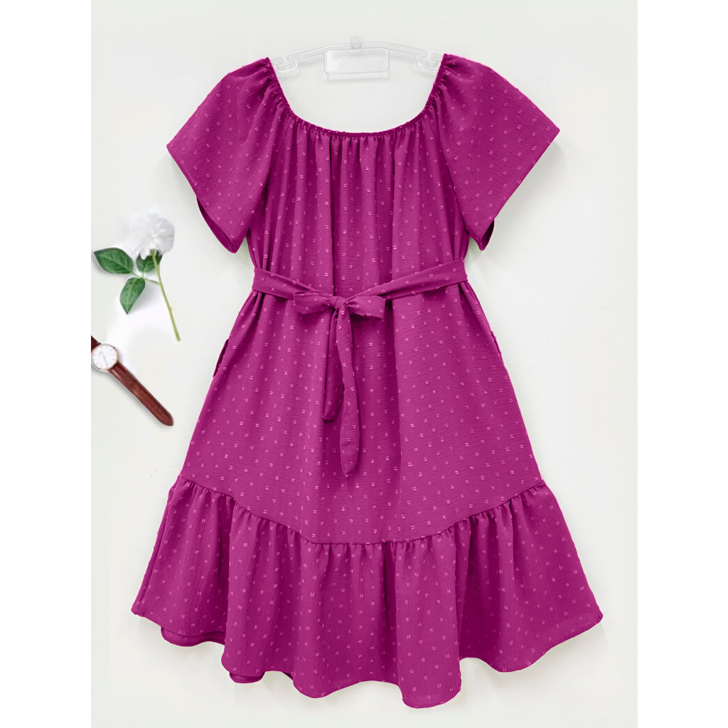 Vestido Médio Manga Curta Ciganinha Ombro a Ombro com Cinto Fresco Confortável Tecido Duna em Oferta na Shopee