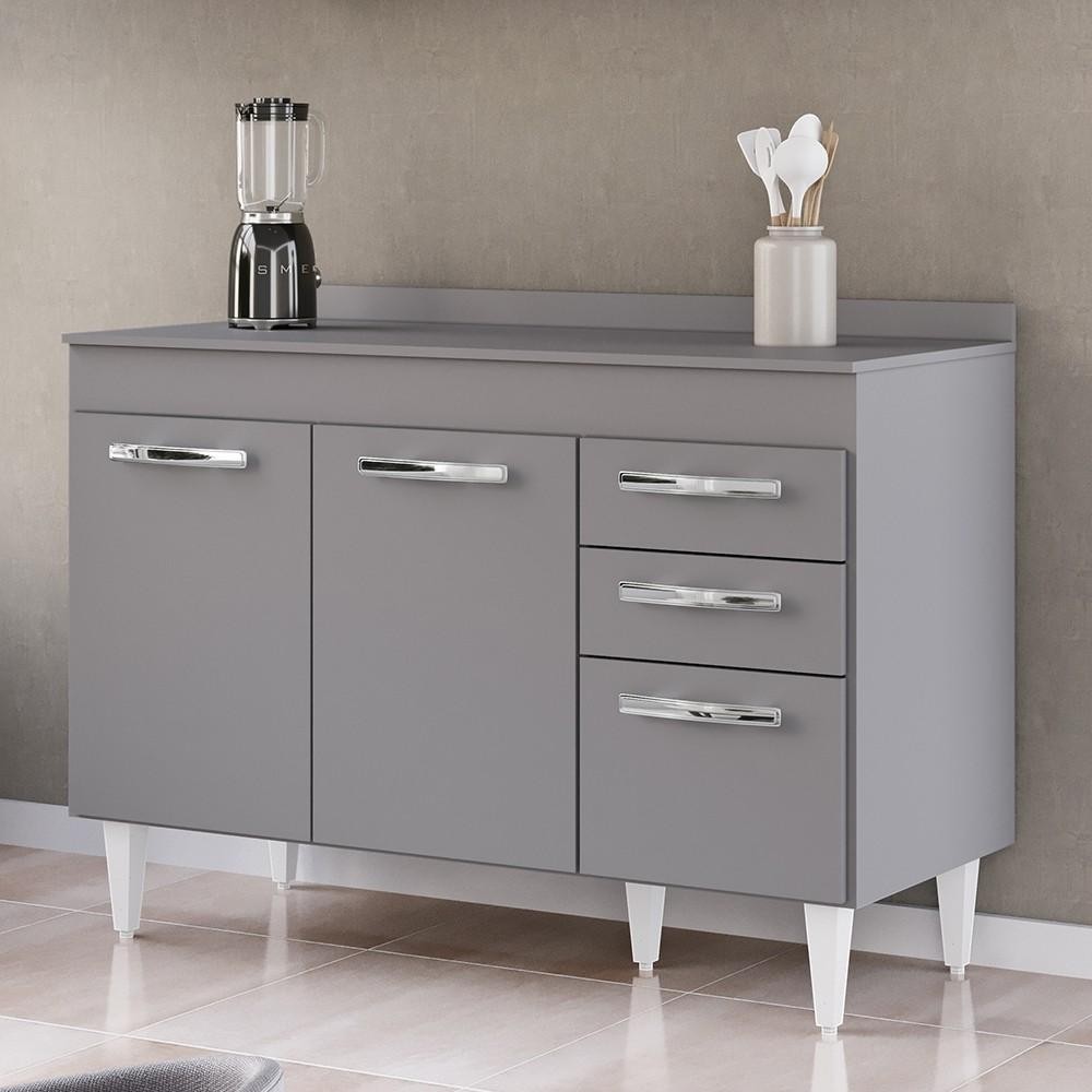 Balcão Gabinete Para Pia 120cm 3 Portas com Tampo Suécia Cinza - Lumil em Oferta na Shopee