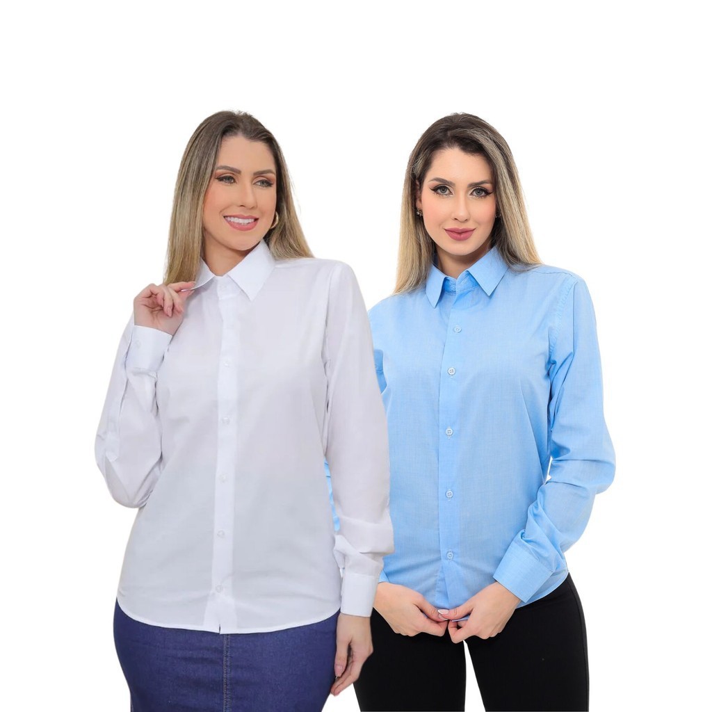 KIT Feminino 2 Peças - Camisa Social Premium Tipo Linho Azul Claro e Camisa Social Slim Branca