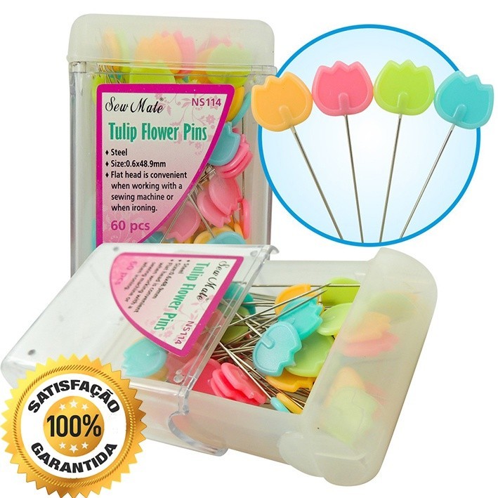 60 Alfinetes Sew Mate Cabeca Flor Tulipa Inox Inoxidavel Coloridos