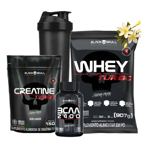 Combo Whey Protein Turbo + Creatina + Bcaa Kit Black Skull