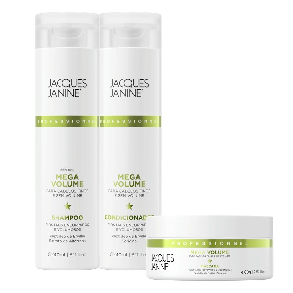 Kit Jacques Janine Mega Volume Shampoo Sem Sal Condicionador Leave-In 240ml Másc