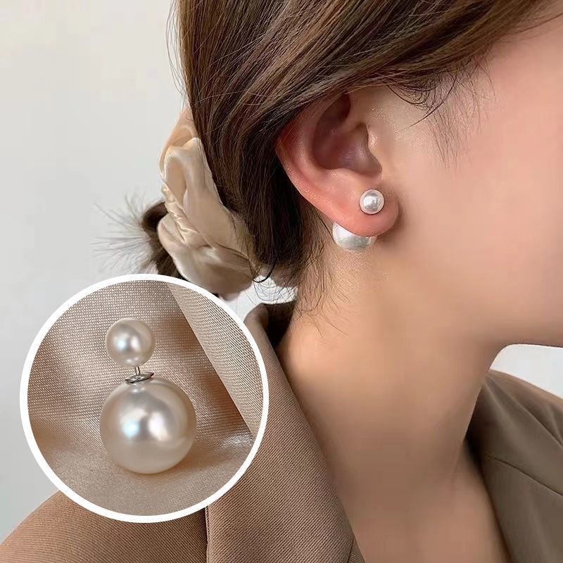 S925 Brincos de Pérola com Agulha de Prata Brincos de Pérola de Dupla Face Estilo Coreano Brincos de Pérola Grande Estil