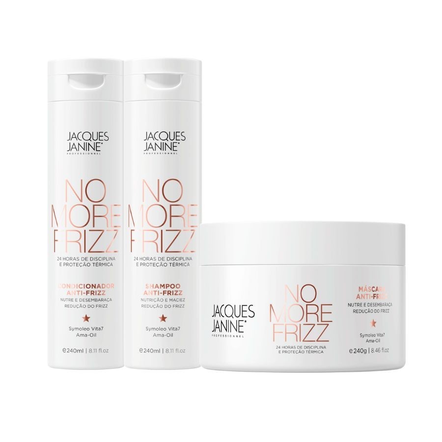 Kit Jacques Janine No More Frizz Shampoo Condicionador Leave-In 240ml Máscara Hidratação 240g em Oferta na Shopee