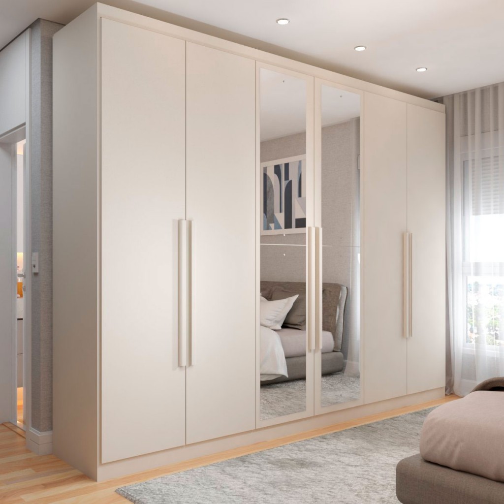 Guarda-Roupa Casal Madalena 6 Portas 4 Gavetas 100% Mdf com Espelho Off White - Panorama Móveis - Home & Living