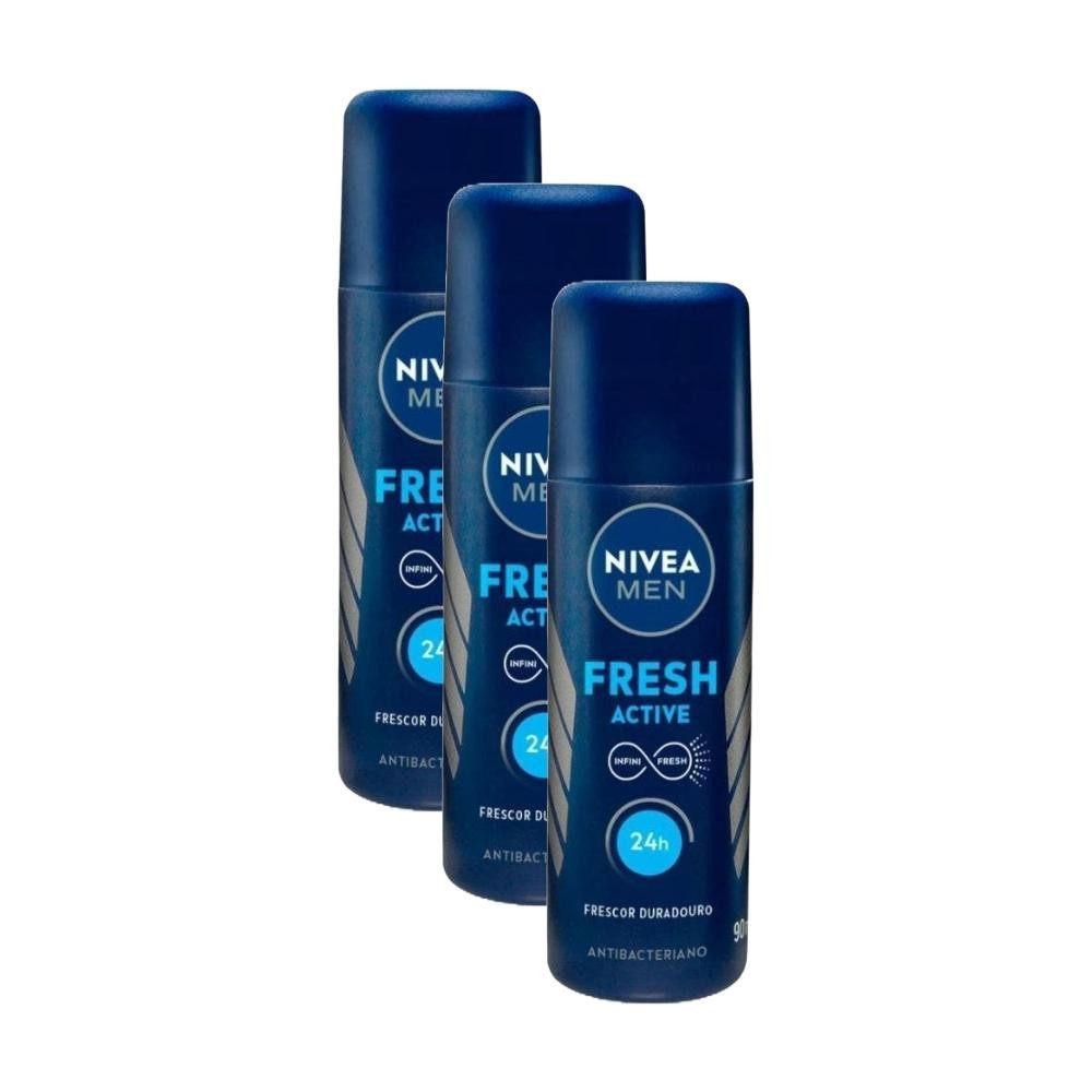 Kit Desodorante Líquido Nivea For Men Active Fresh 90ml - 3 Unidades Proteção 48h e Frescor