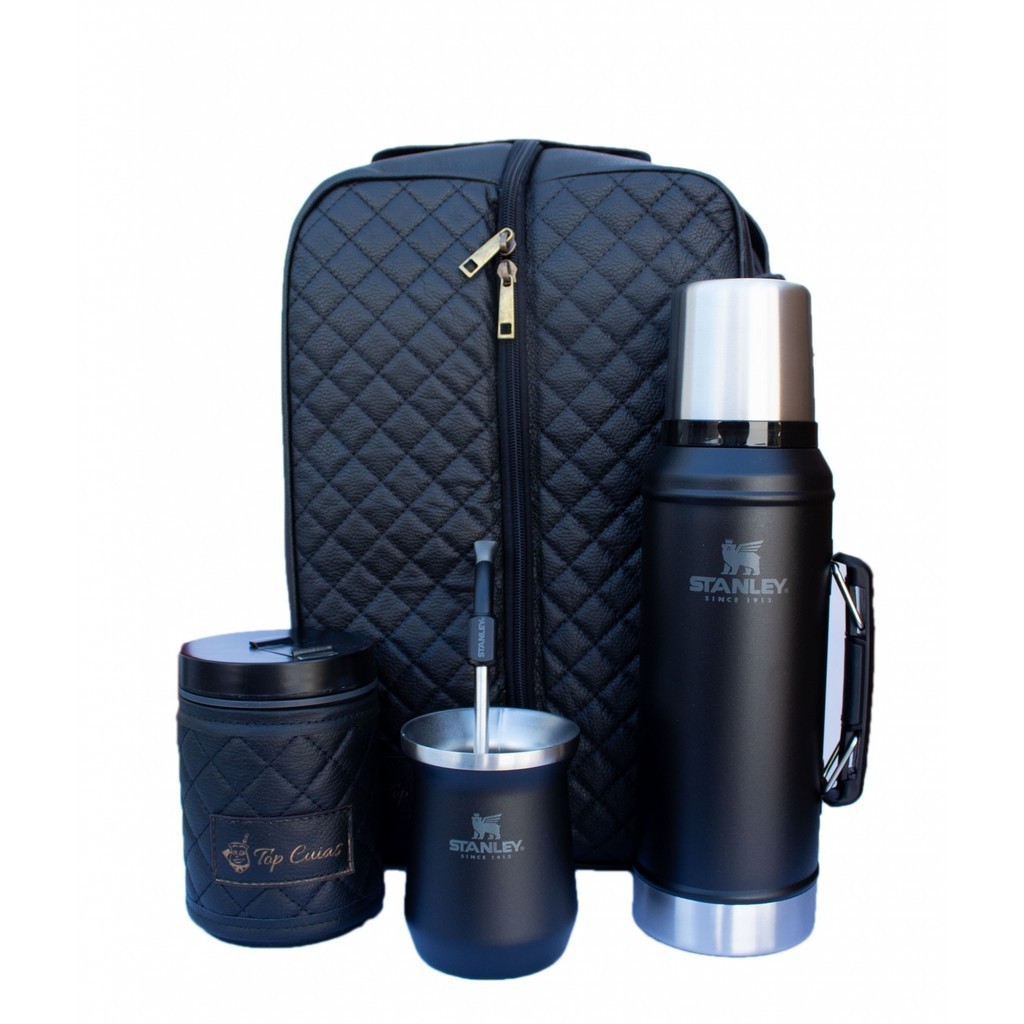 Kit chimarrão preto Mateira Bi- partida Couro Bomba mola Garrafa 95L e porta erva