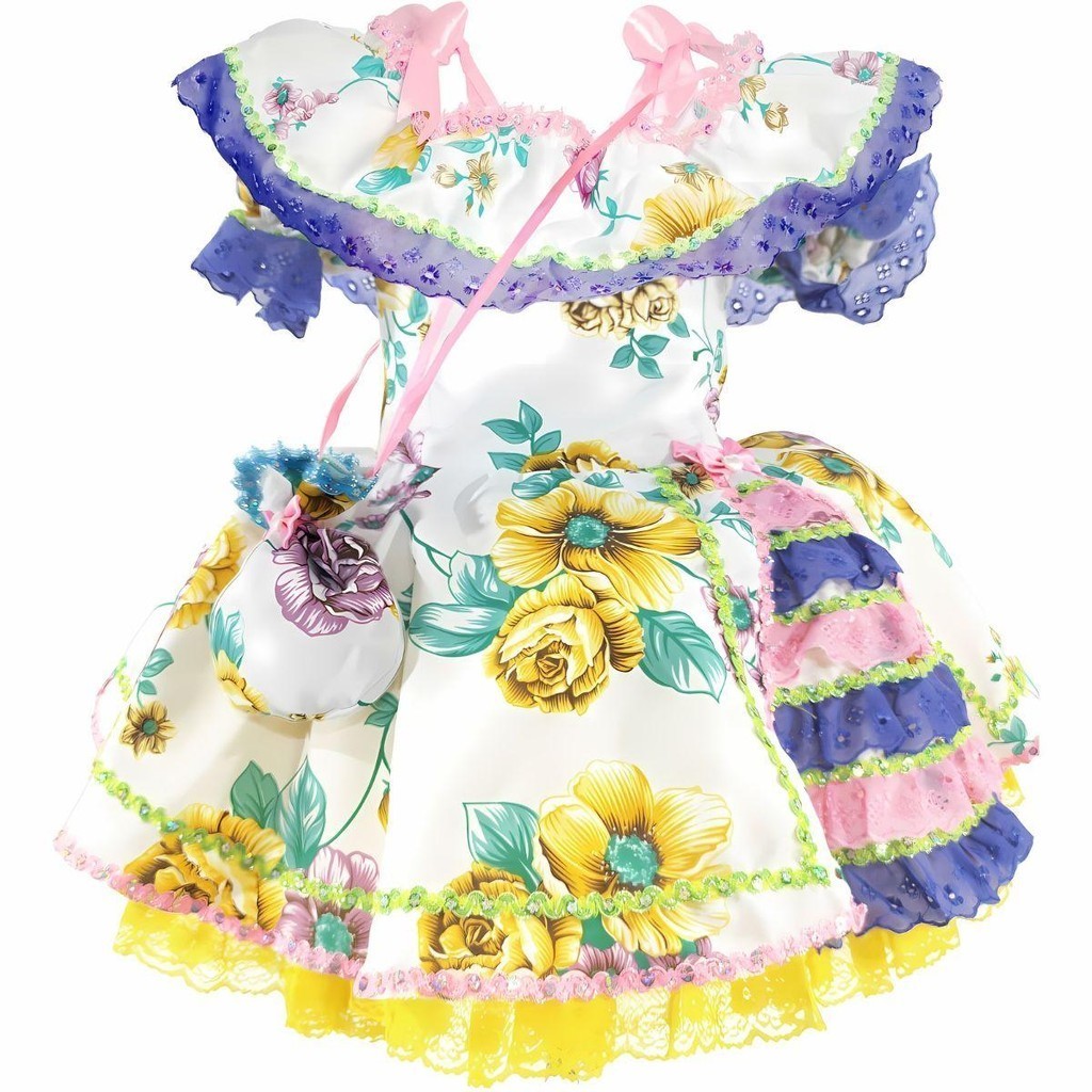Vestido Plus Size Festa Junina de Luxo Floral Rodado Acinturado com Bolsa Exclusiva