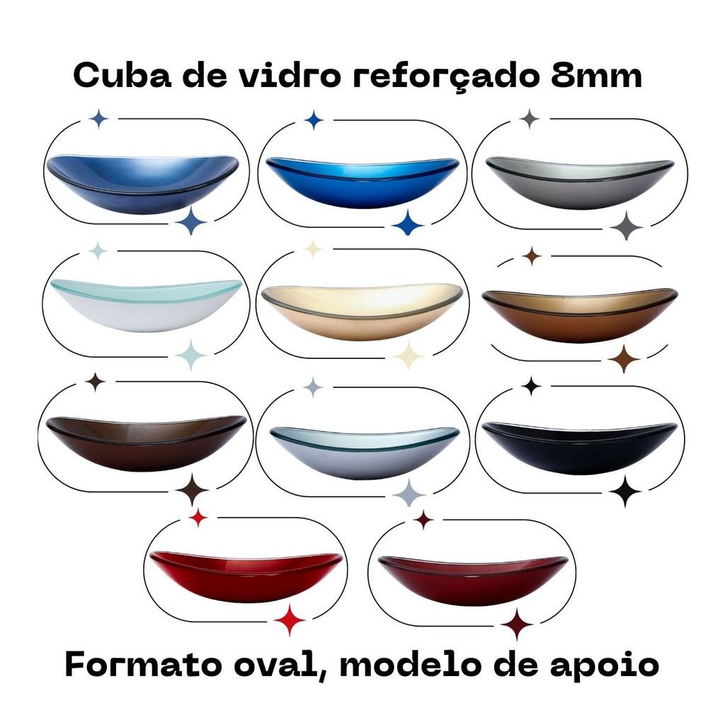 CUBA DE VIDRO OVAL CANOA P/ BANHEIROS E LAVABOS 47X30- MODELO DE APOIO 8MM