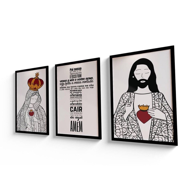 Quadros Decorativo Mosaico 30X50 3 peças Mdf Alta Resolução Full HD Relogioso Oração do Pai Nosso Jesus Nossa Senhora