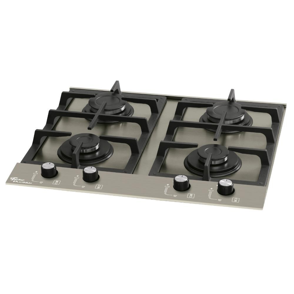 Cooktop 4 Bocas Fischer Platinium Prime a Gás com Mesa de Aço Escovado Bivolt
